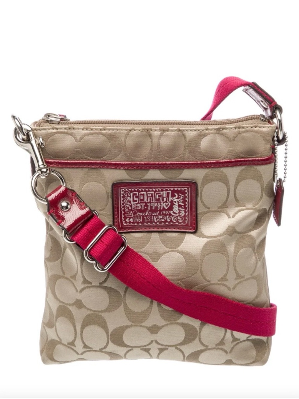 Coach Beige Signature Canvas Crossbody with Red Trim and Strap - Picture 6 of 14